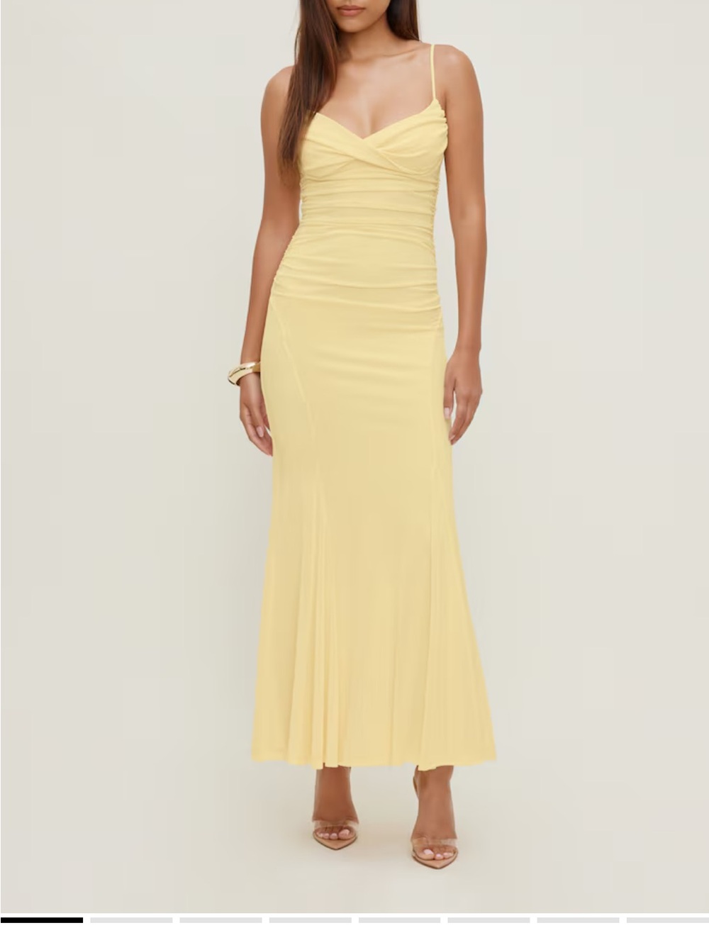 Dynamite Pale Yellow Ruched Spaghetti-Strap Maxi Dress